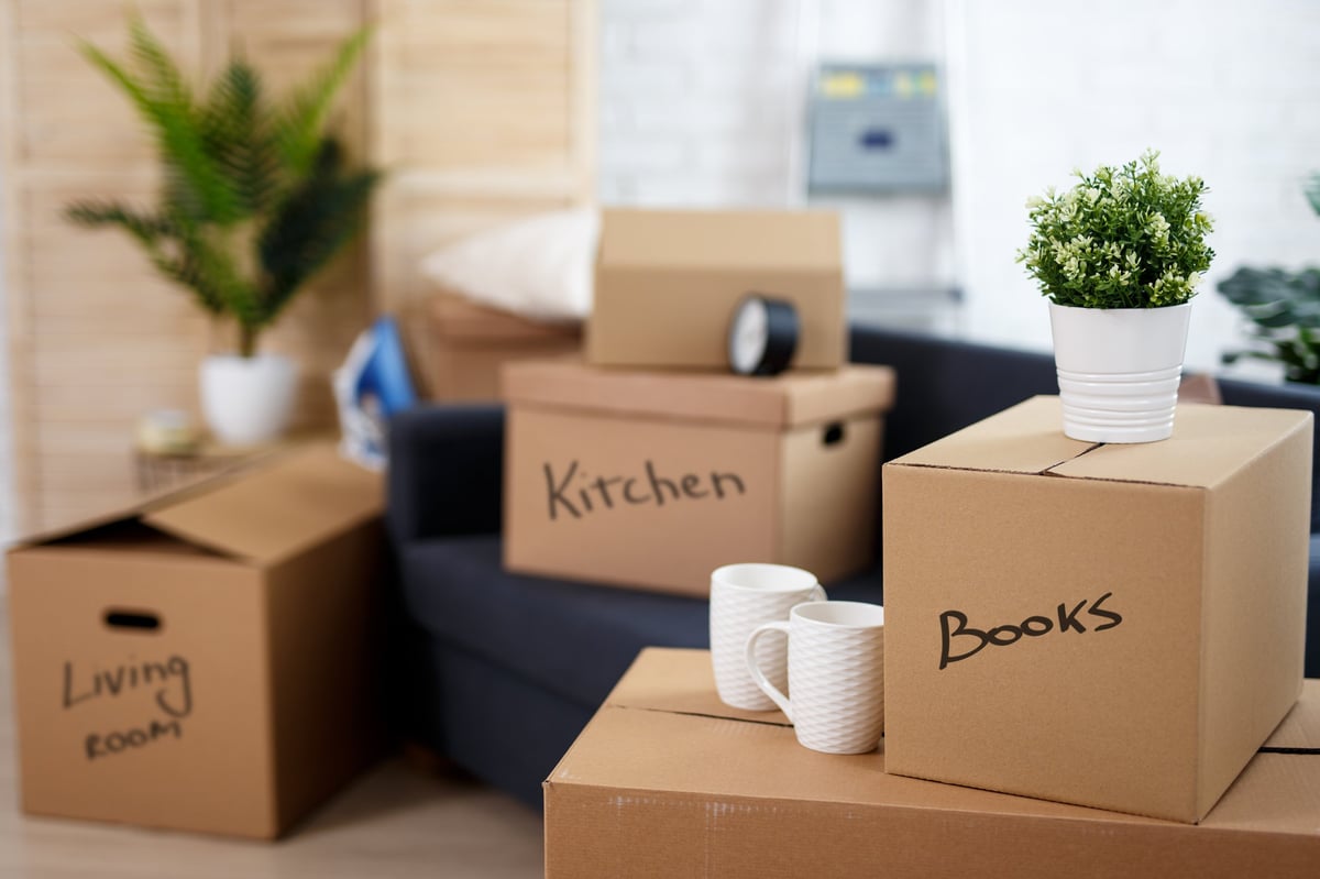 Moving boxes stacked in a new home — move-in cleaning gives you a fresh start